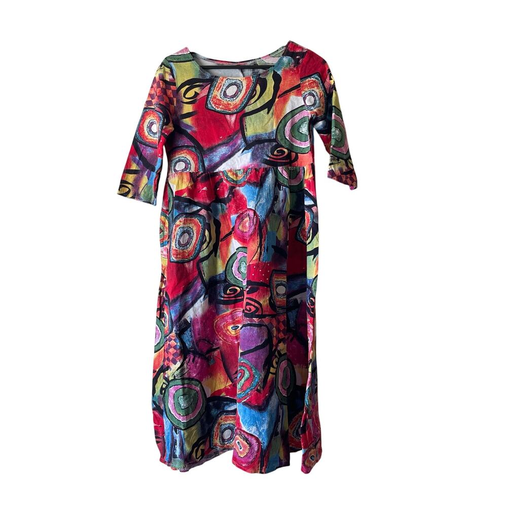 Vintage Abstract Art Print Midi Dress Bright Multicolor Size Small